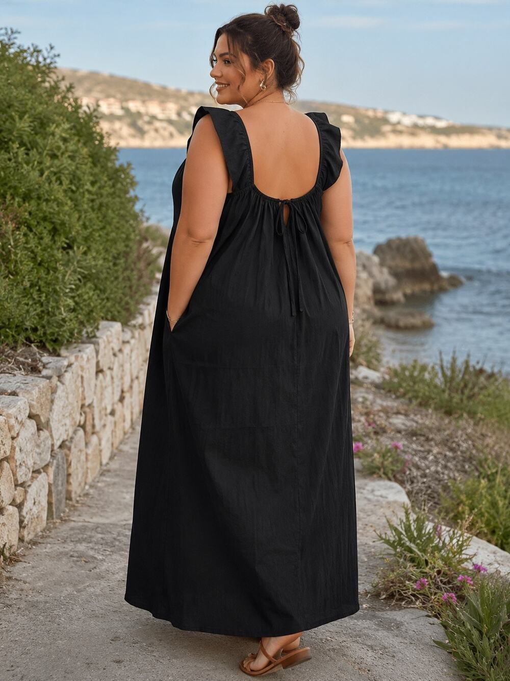 Zanzea Black Cotton Maxi Dress 4XL Lagenlook Boho Cottage Sleeveless Drawstring